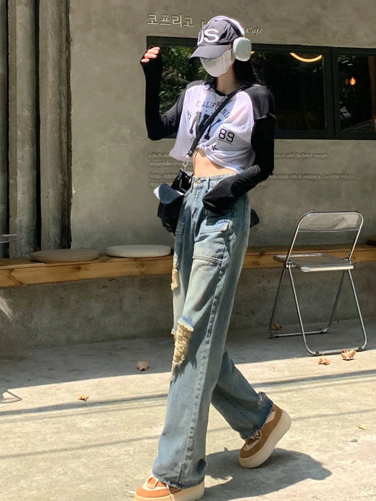 Jeans Women Simple Hole Chic Korean Style All-match Do Old Leisure Wide Leg Spring High Street Design Vintage Female Cozy Daily