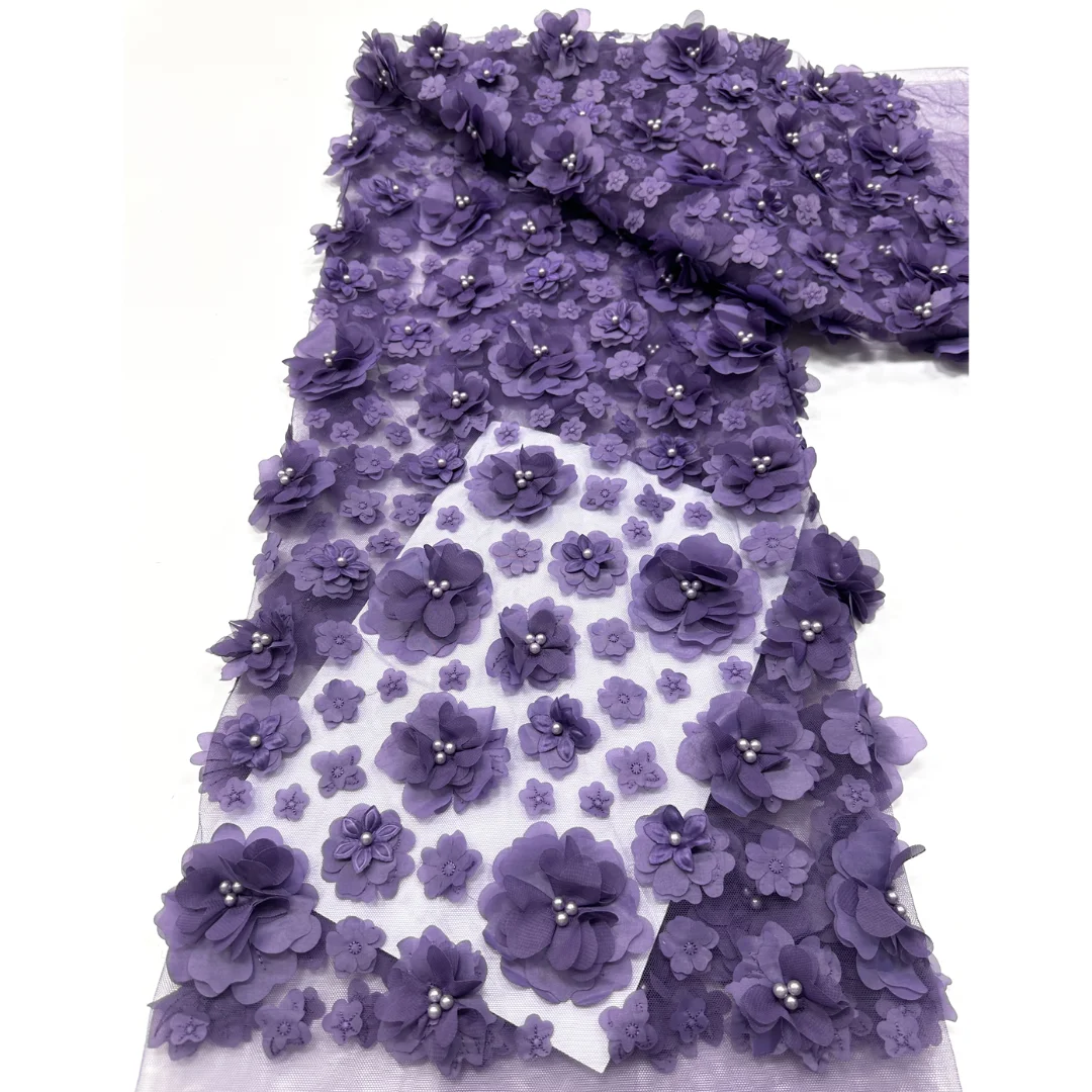 3D Applique Floral Beaded Tulle Lace Fabric Flower Mesh Layered Bloom For Sewing Wedding Evening Prom Dress Material 5 yards