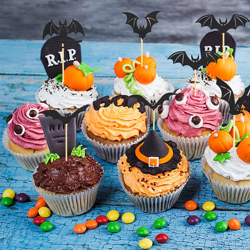 12Pcs Black Bat Cake Topper Halloween Cupcake Accessories Halloween Decorations Home Haunted House Festival Party Supplies