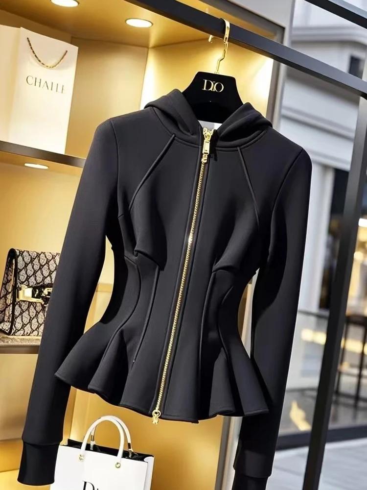 Black Hoodie Short Jacket 2025 Autumn Season High-End Feel Unique Beautiful Waist-Cinching Outerwear Commute Style Slim Fit