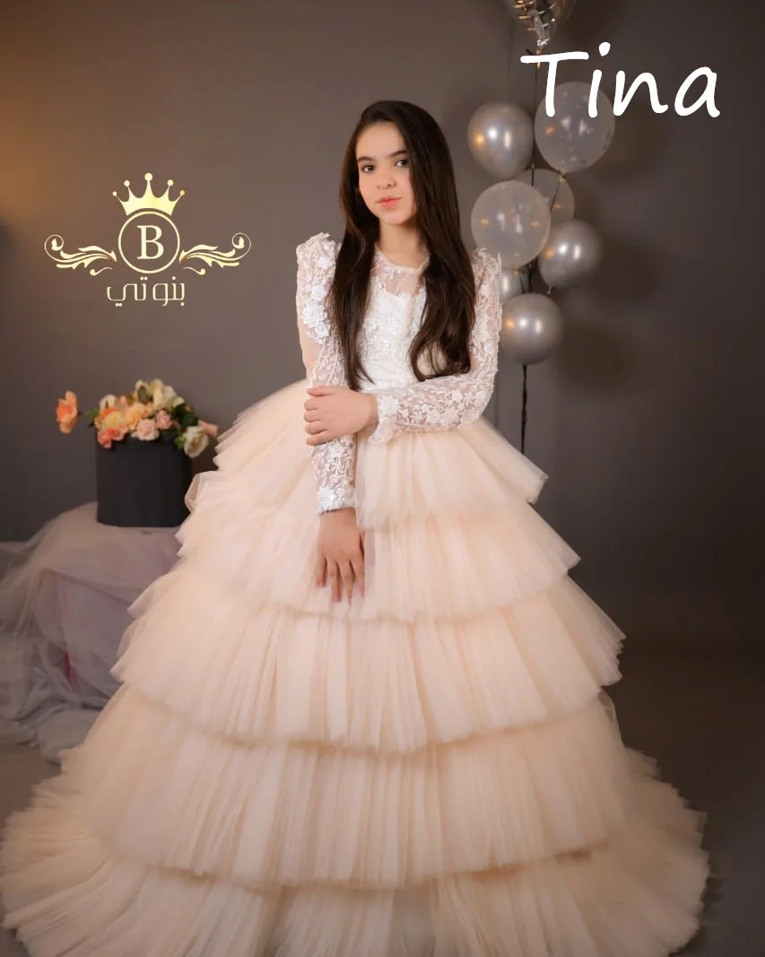 Elegant Flower Girl Dress for Wedding Full Sleeves Tulle Tiered Floor Lenght Infant Baptism Gowns First Communion Gowns Custom