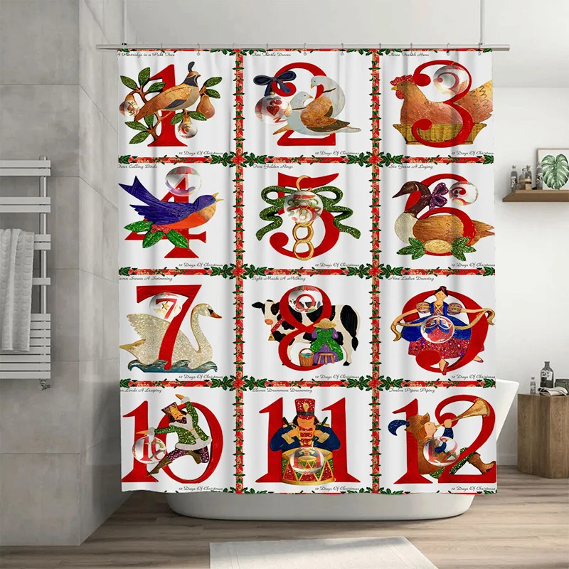 Christmas Countdown Shower Curtain with Numbers 1-12, 12 Cute Animal Patterns for Kids Educational Bathroom Fun, Red White
