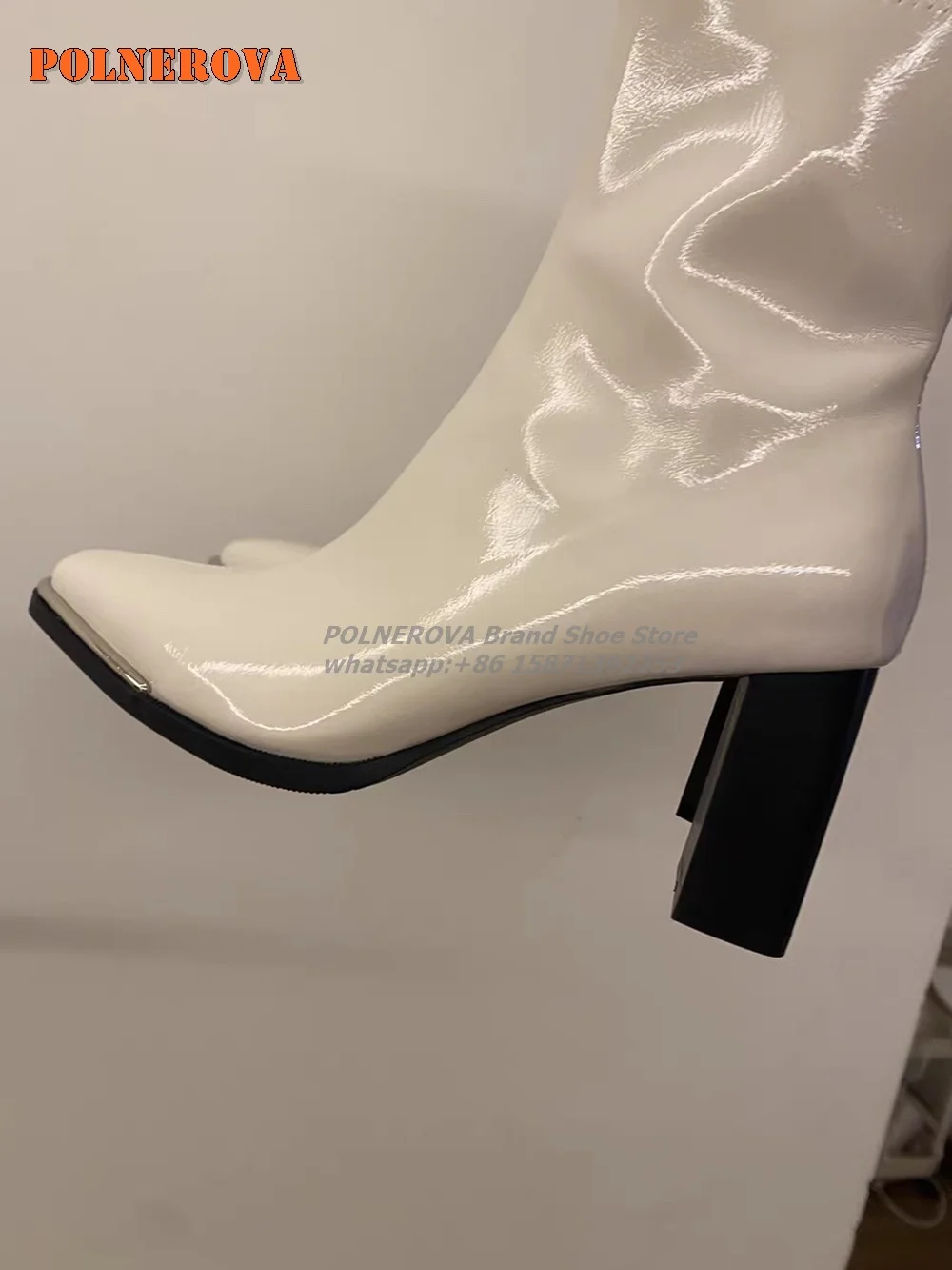 Square Toe Patent Leather Bicolor Ankle Boots Side Zipper Patchwork Block Heels Women Mid Calf Boot Elegant Fashion 2024 Trend