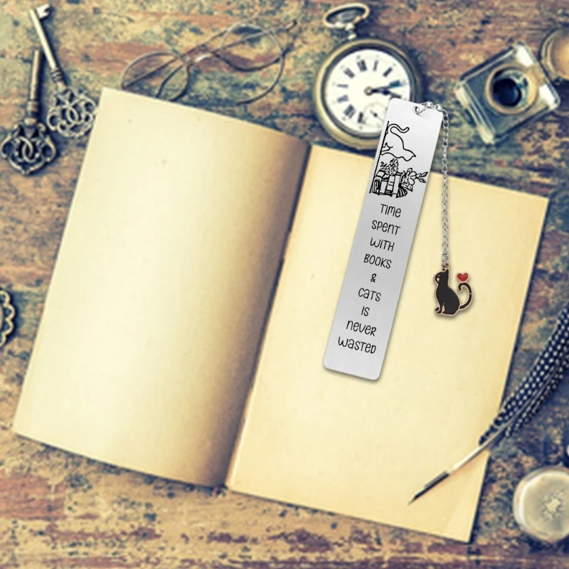 Stainless Steel Bookmarks Chain Bookmarks Cats Pendant Bookmarks Metal Book Mark