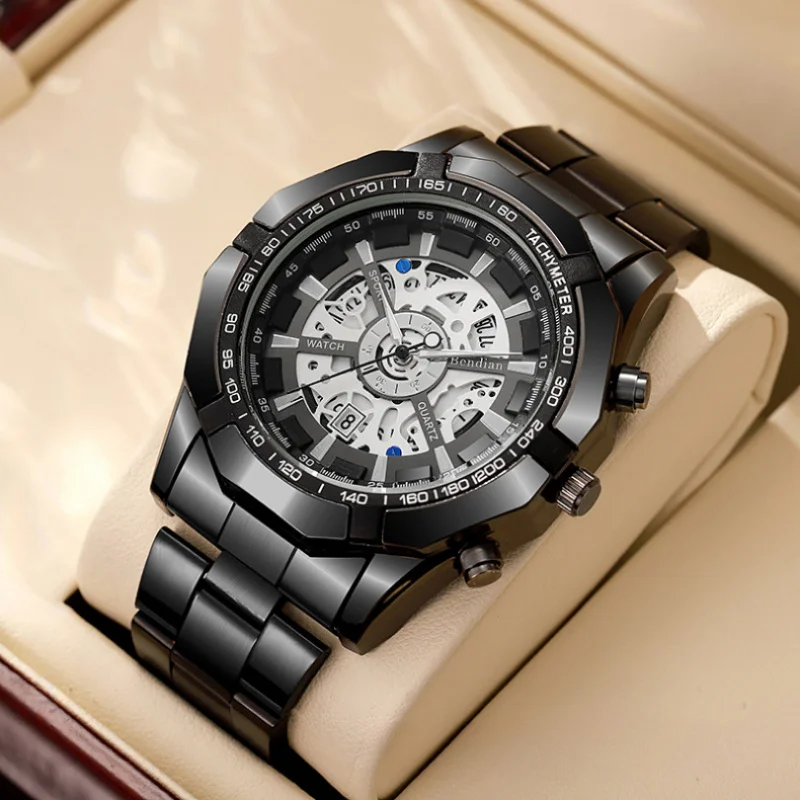 Hollowed Out Men's Quartz Watch Featuring Large Dial Luxury Finish Multi Functional Calendar and Trendy Style Ideal for Business