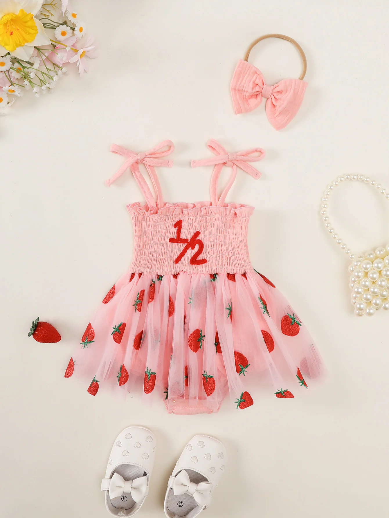 

Strawberry Patterned Baby Girl's Tulle Skirt with Headwear Infant Fashion Accessory Set
