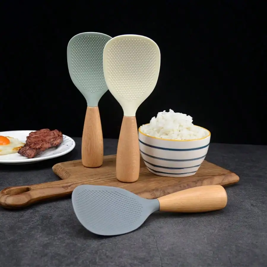Non-Stick Silicone Rice Paddle With Wooden Handle, Anti-Sticky Rice Spoon, Heat Resistant Kitchen Serving Spoon For Rice Cooker, Household Cooking Utensil For Serving Rice, Porridge & Food