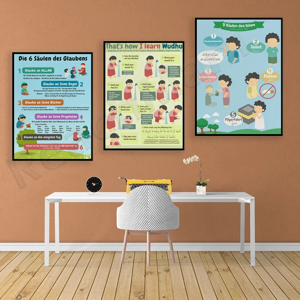 Prayer Ritual Wash Wudhu Wudu Poster, 5 Pillar Islamic Poster Bilingual Arabic Home School Wall Art Education, Kids Bedroom Gift