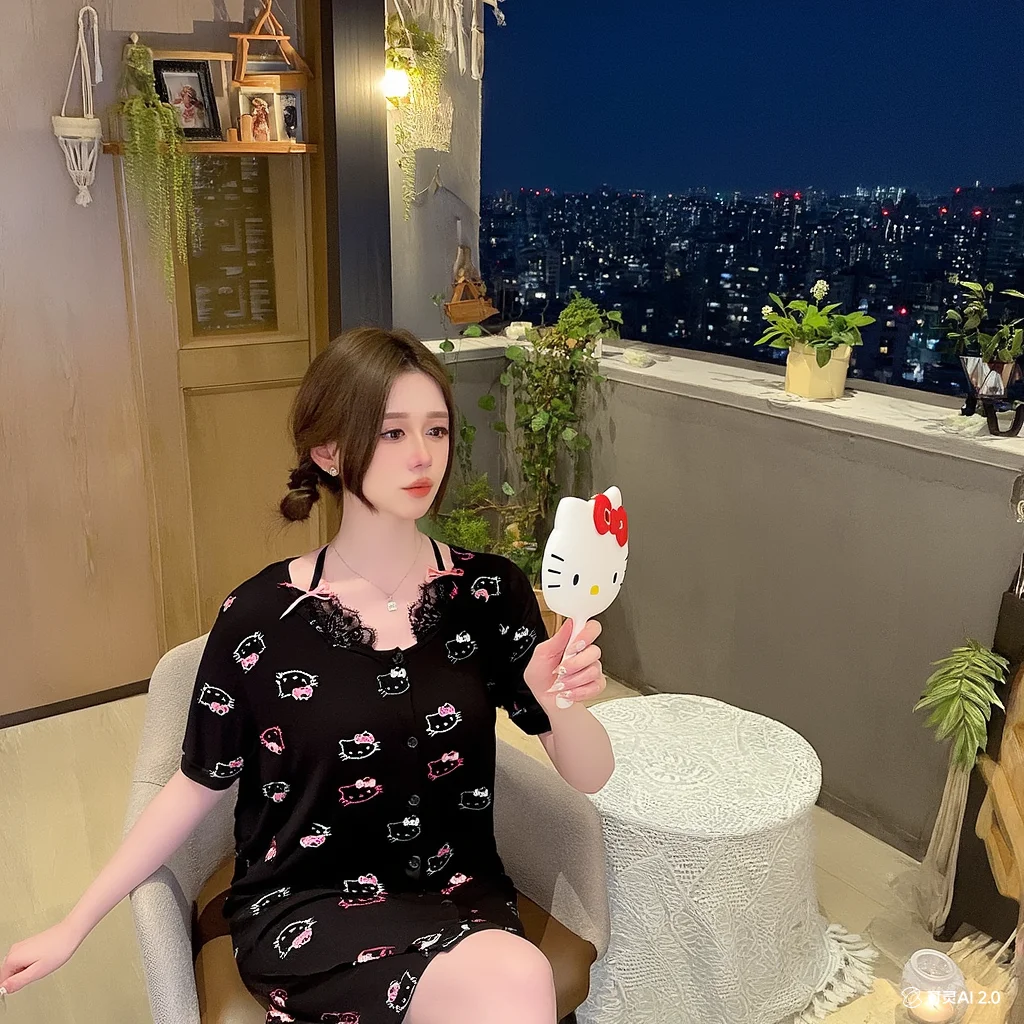 

Sanrio Круглый воротник Кружева с коротким рукавом Hello Kittys Sweet Fresh Летние милые шорты Студент Stay At Home Sleep Удобный комплект Новый