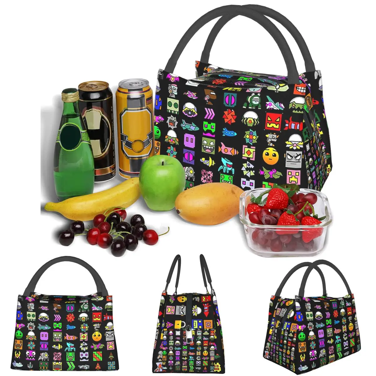 Geometry Dash Lightweight Handheld Insulated Lunch Bag Aluminum Foil Liner for Adults Students Travel Picnic