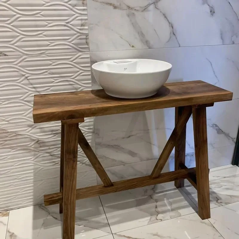 Narrow Floating Live Edge Wooden Bathroom Vanity Countertop Rustic Solid Wood Recycled Flat Shelf Table Side Decoration