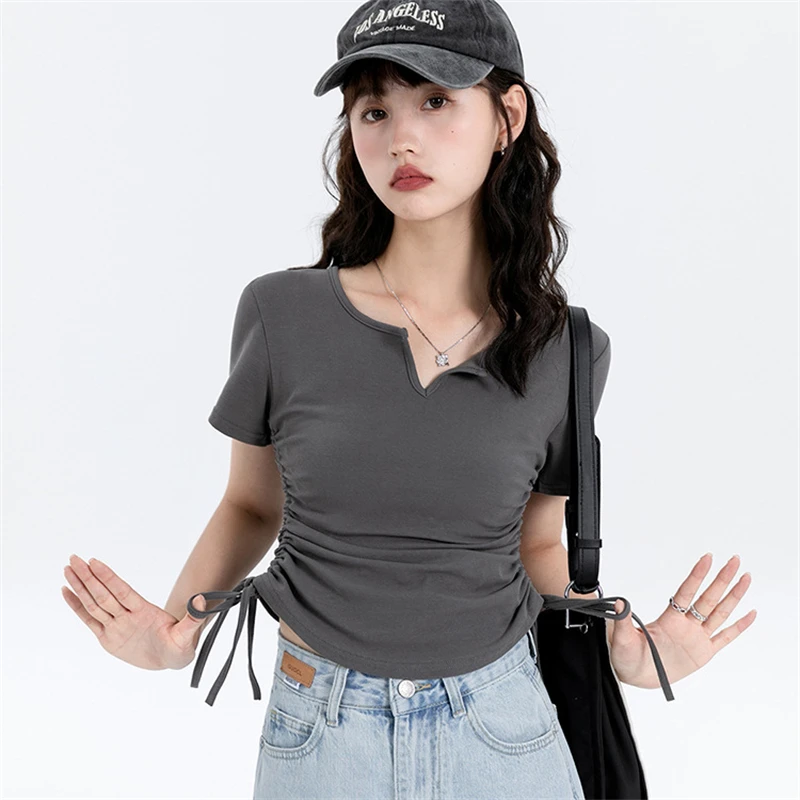 LMQ NEW Sexy Lace Up Bottoming Tees V-Neck Slim Short Sleeve Women T-Shirt Tops Slender Chic Fashion Ulzzang Internet Celebrity