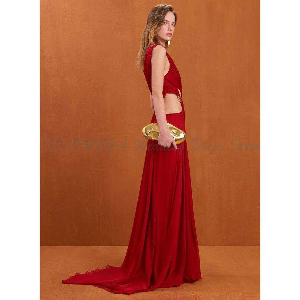 Vestidos de Noche rojos para mujer, un hombro con ventilación, espalda descubierta, tren capilla, alta calidad, largo hasta el suelo, sin mangas, para banquete, fiesta y graduación