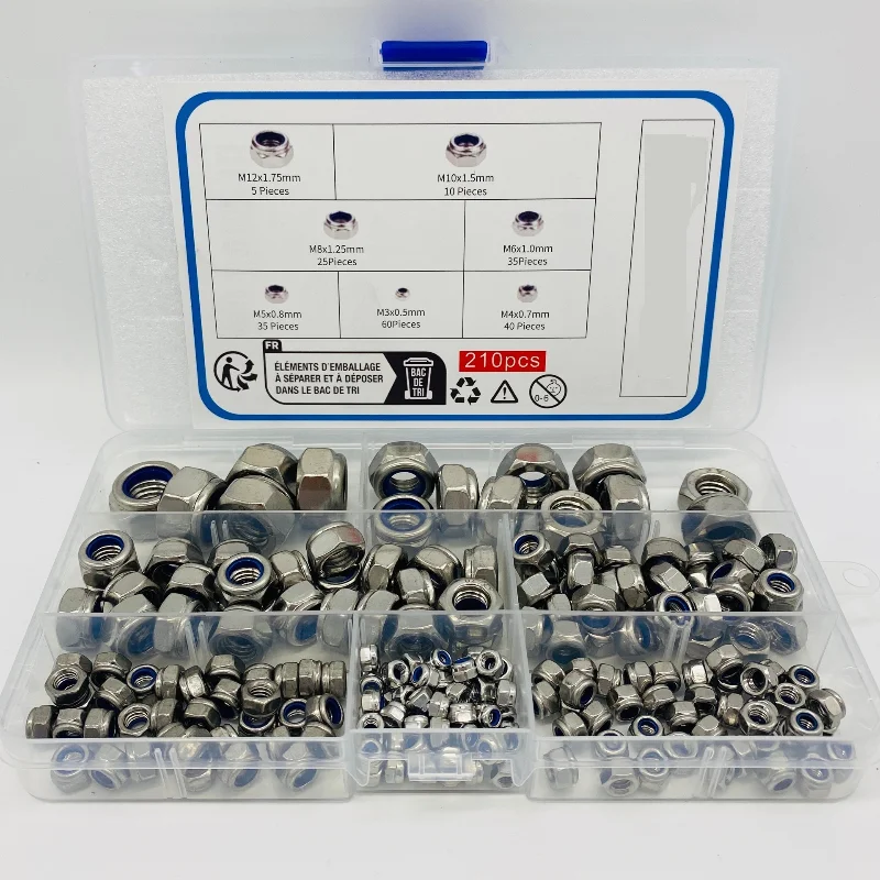 

210/230PCS Stainless Steel Nylon Lock Nut Kit Metric Size M3-M12