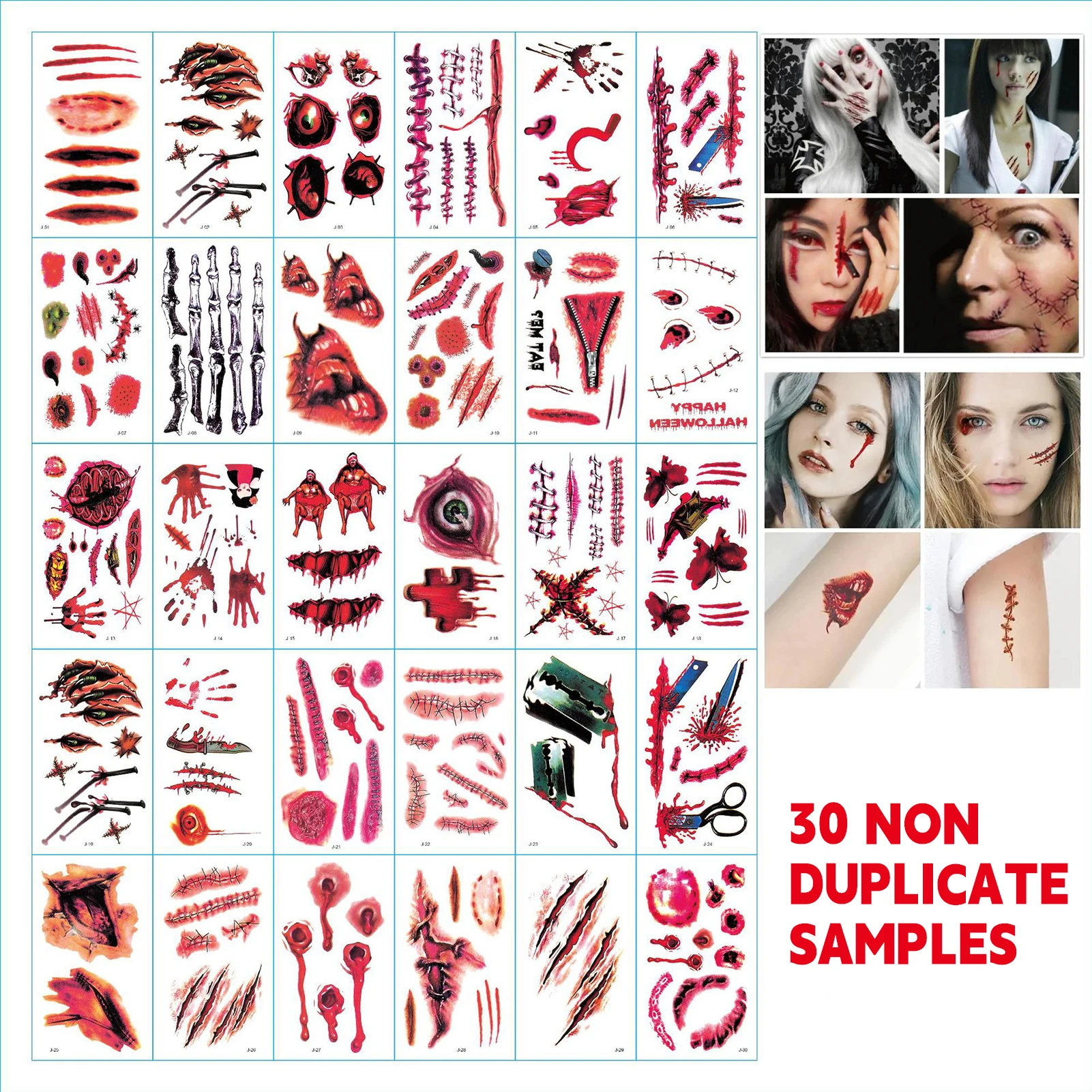 30 ورقة من ملصقات وشم الجرح الدموي للهالوين، ملصق غير منتظم لمحاكاة طويلة الأمد لملحقات مكياج الهالوين #1