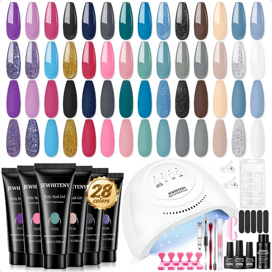 

28 Colors Poly Nail Gel Kit with Base Top Coat Purple Blue Yellow Nude Pink Glitter Shades QuickDry for Beginners DIY Need U V