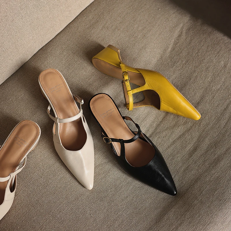 2026 new spring summer women sandals natural leather 22-26cm sheepskin+pigskin pointed toe buckle mules women shoes slippers