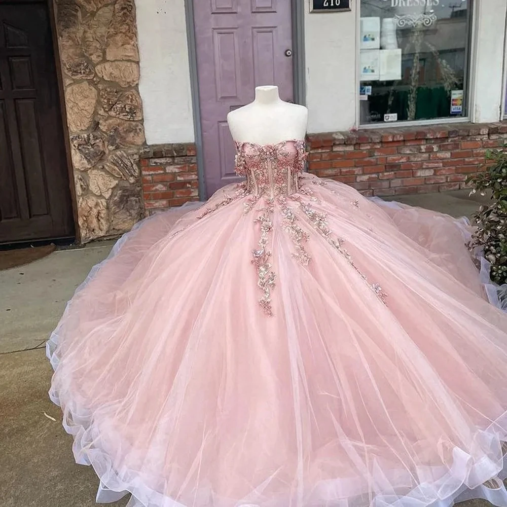 Charro-Robe de Bal Rose en Tulle avec Perles Florales, Tenue Douce Mexicaine, 16, 15 Ans