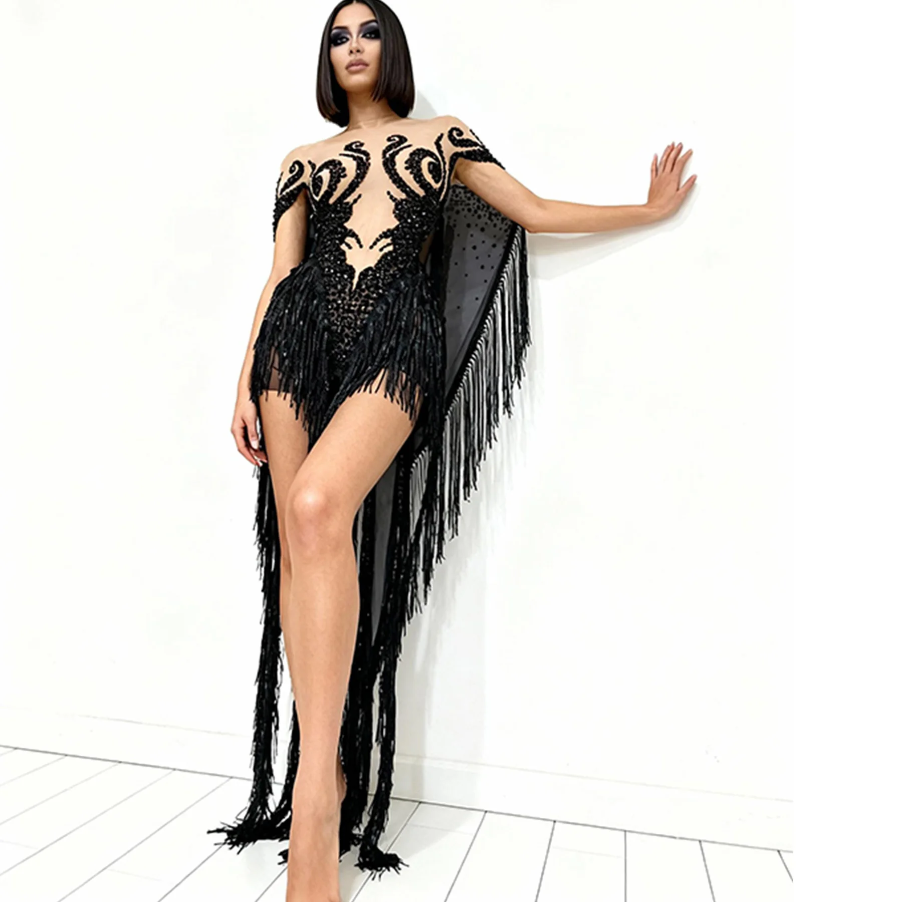 

Wuyu Luxury Women Party Dress Black Rhinestone Sequin Tassel Sheer Mesh Dress Bar Stage Performance Dress Birthday Prom Gowns