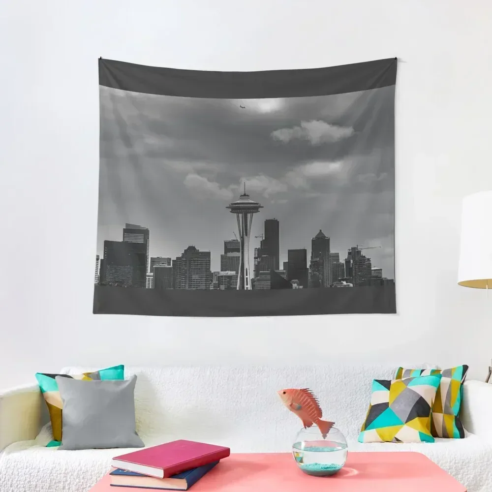 

Plane over the Space Needle - Seattle B&W Tapestry Bathroom Decor Aesthetics For Room Outdoor Decor Tapestry