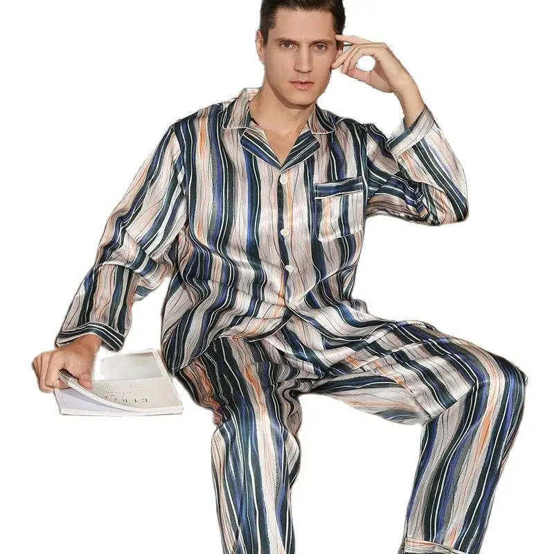 BirdTree 19MM 100%Real Silk Casual Pajamas Set, Men Long Sleeve Stripe, High-quality Home Clothing Set, 2024 Autumn New S47889QM