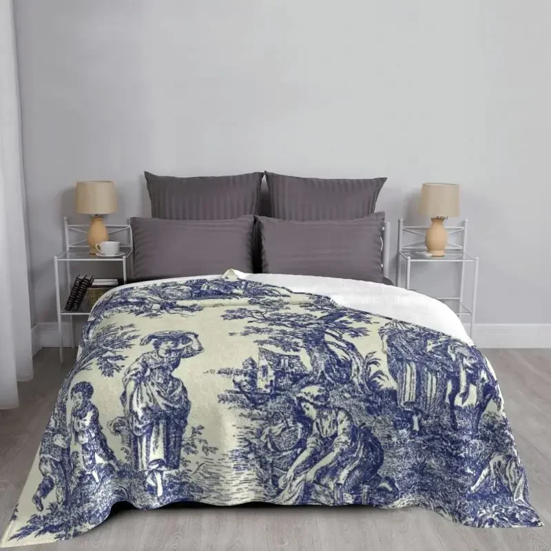 Toile De Jouy Blue Blanket Soft Fleece Autumn Warm Flannel French Navy Blue Motif Throw Blankets for Sofa Home Bed Bedspread