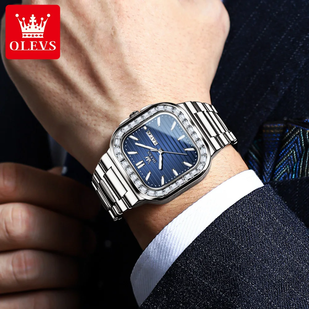 OLEVS 9966 New Diamond Quartz Watch For Men Square Dial Dual Calendar Man Wristwatches Stainless Steel Waterproof Hand Clock