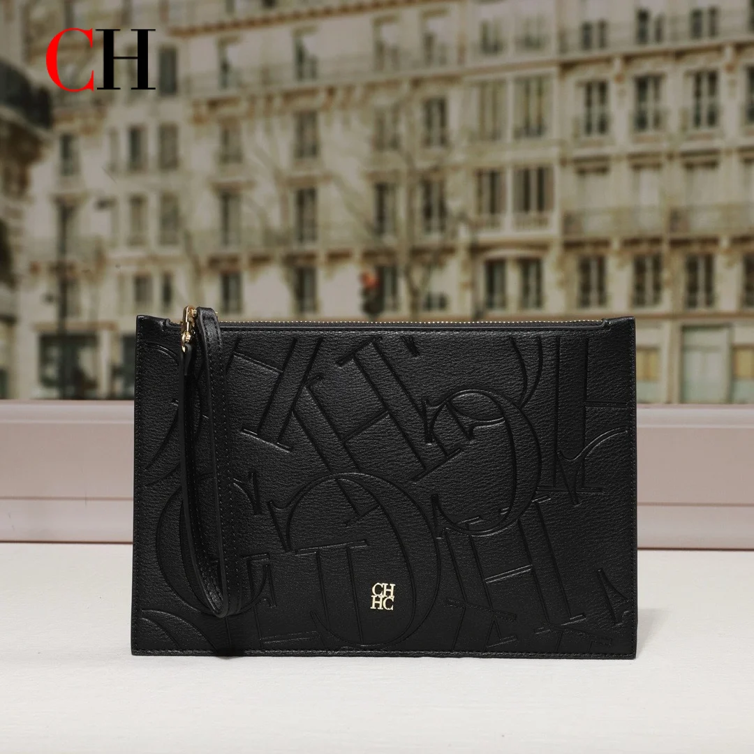 Pochette Femme CH en Cuir PU avec Motif Lettres Gaufrées, Sac à Main à Dragonne, Pochette Zippée, Portefeuille Tendance pour Quotidien, Soirée et Fête