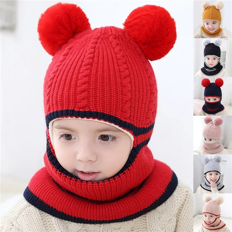 

Children Outdoor Running Knitted Hat Scarf 2pcs Hooded Autumn And Winter Cute Bear Ear Hats Keep Warm Fluff Thicken Neck Scarf