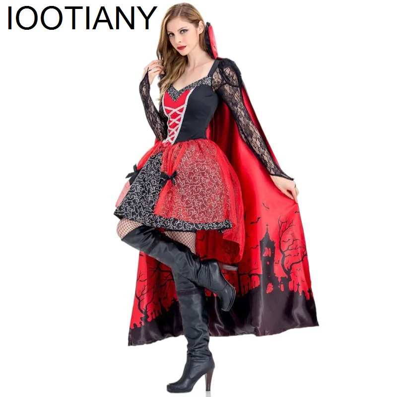 Girls Halloween Witch Costume Makeup Ball Vampire Zombie Costumes Devil Queen Cosplay Costume Red Dress and Cape Two Piece Set