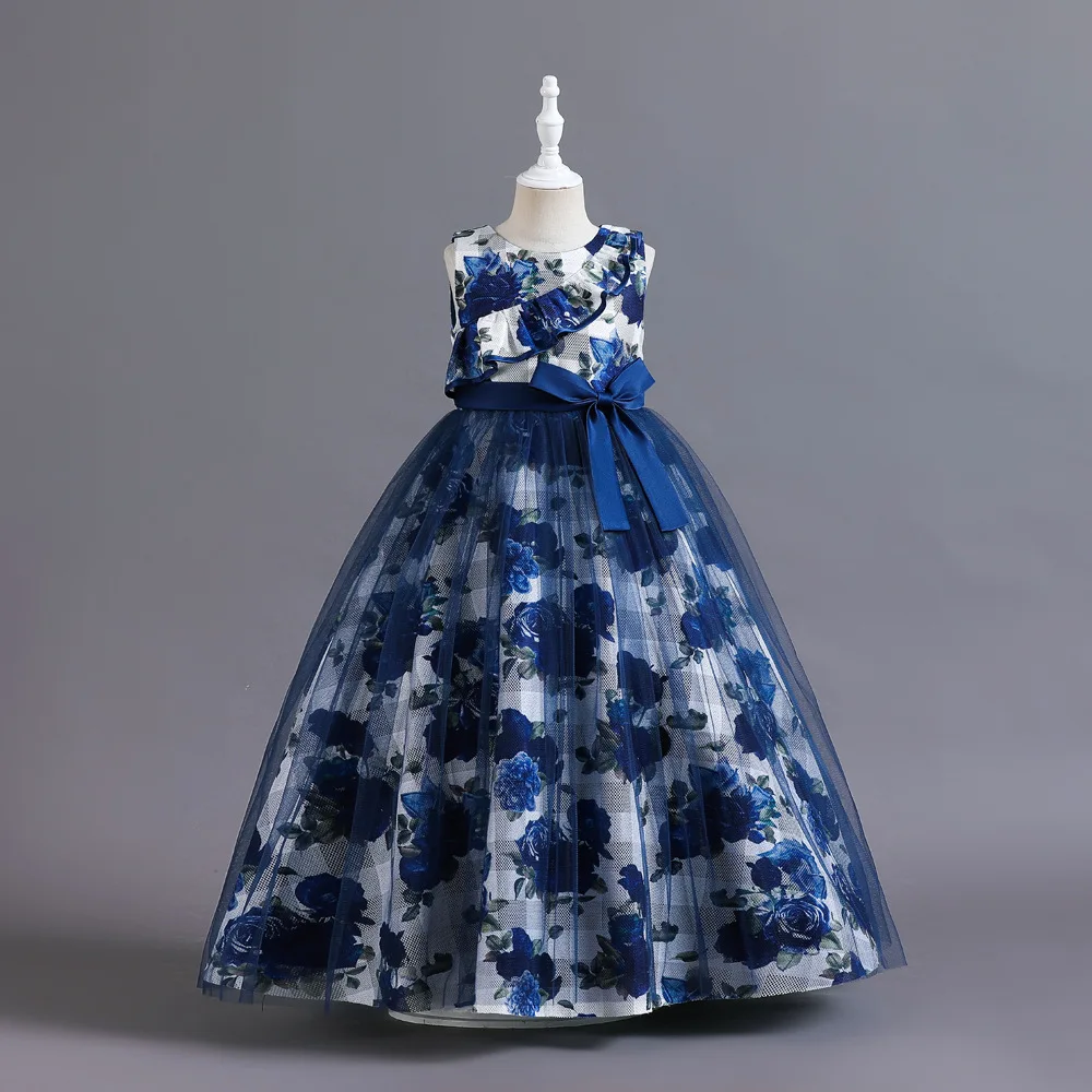 

Kid Sleeveless Floral Print Girl Dress Asymmetric Ruffled Shoulder Accent Sash Tied Waist Bow Layered Tulle Gown Skirt Children