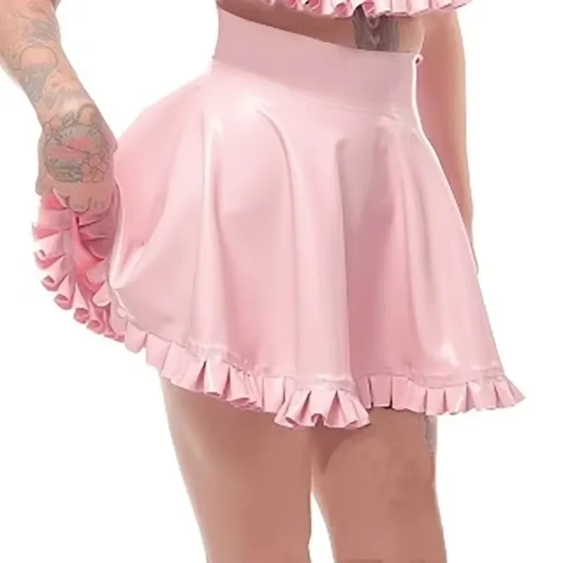 aby Pink Faldas sexy de látex con volantes en la parte inferior sin pantalones cortos de goma con cremallera