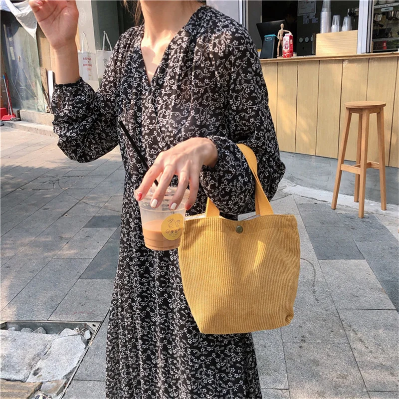 Korean Style Cute Corduroy Small Shopper Tote Bag For Woman Female Girls Mini Handbags Lunch Bags Shopping Cloth Hand Pouch Bag