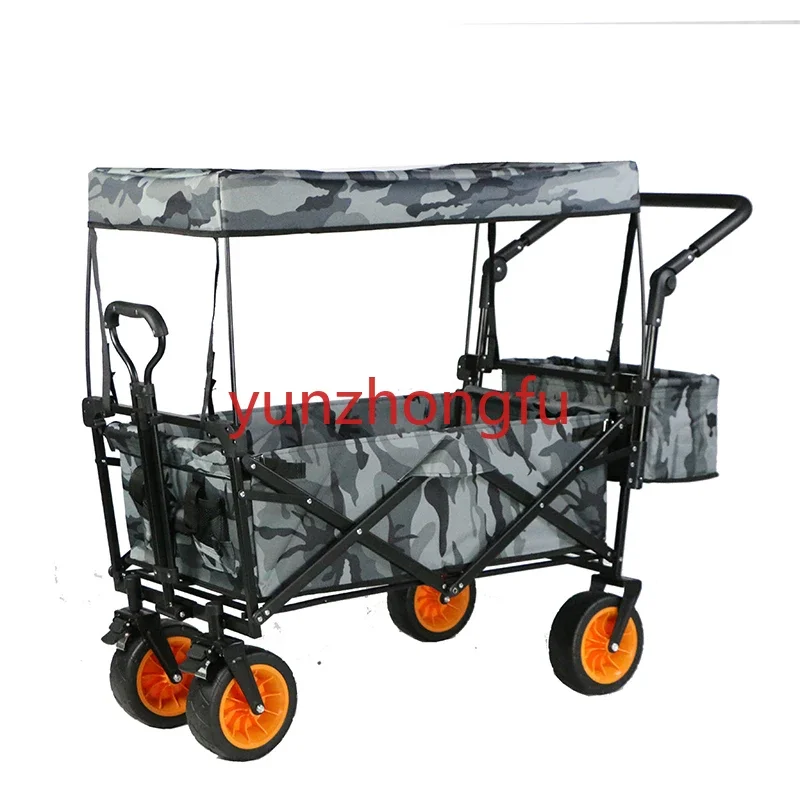 Oxford Cloth Collapsible Shopping Outdoor Camping Beach Cart Folding Wagon  W/ Adjustable Handle Bar Removable Canopy