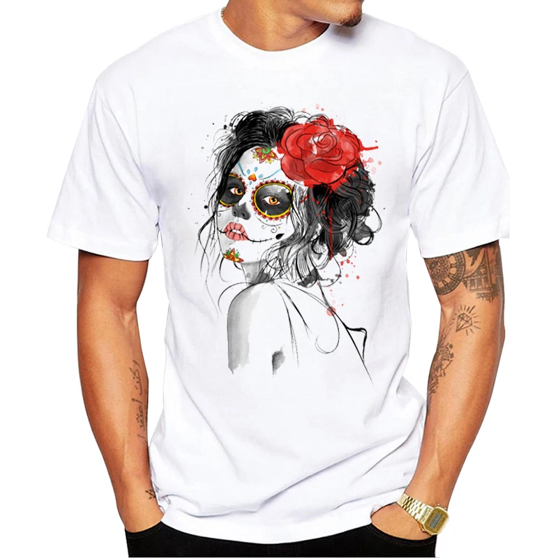 

FPACE Fashion Day Of The Dead Men T-Shirt Short Sleeve Tshirts O-Neck Cool Tops Sugar Skull Printed Tees