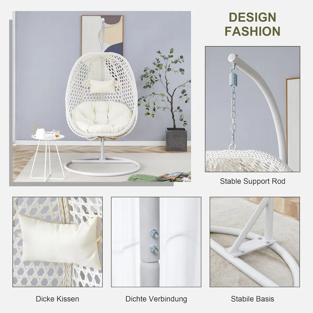 Silla colgante de ratán de gran tamaño con soporte, cojín grueso y basculante para exteriores, para interiores y exteriores. Cómoda silla columpio de huevo