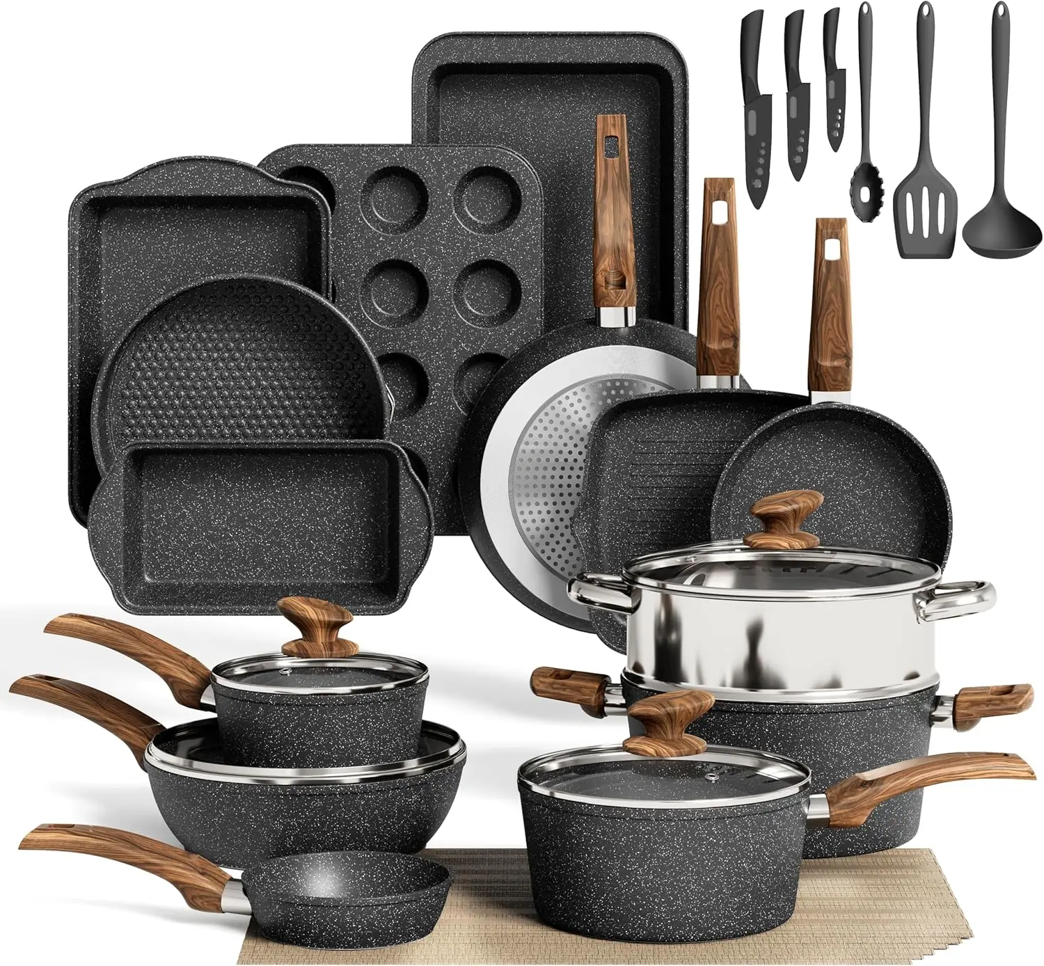 

Pots and Pans Set Non Stick, 30 Piece Kitchen Cookware & Bakeware Sets with Granite Coating, Pots and Pans Sets for Cooking Nons