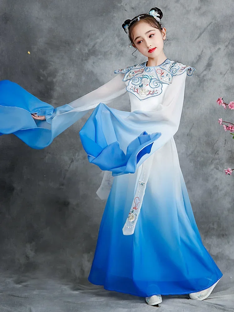 중국 스타일 Hanfu Guzheng 공연 어린이 고전 무용 의상 소녀 공연 드레스 파란색 흰색 도자기 드레스