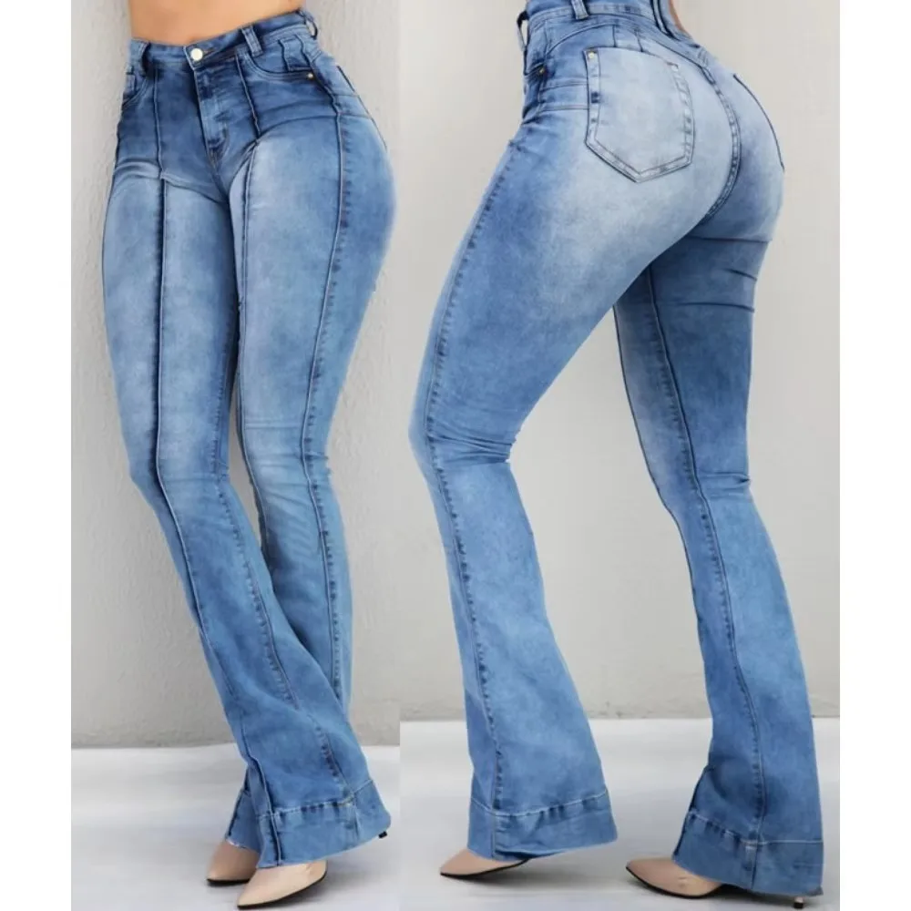 Women Vintage Washed Stretch Butt Lift Flare Wide Leg Trousers South American Style Spring Autumn Streetwear Chic Ladies Pants