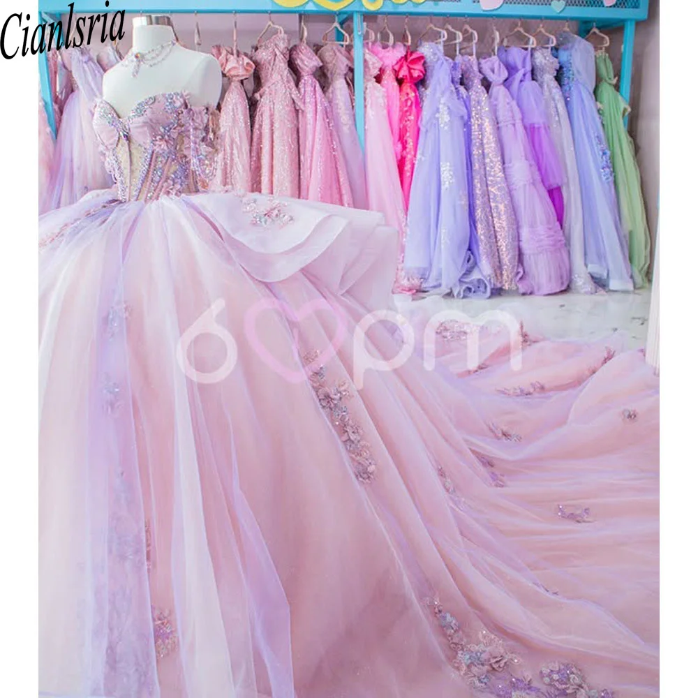 Rosa quinceanera vestido de baile 3d floral apliques miçangas em camadas espartilho doce 16 vestidos de xv 15 anos