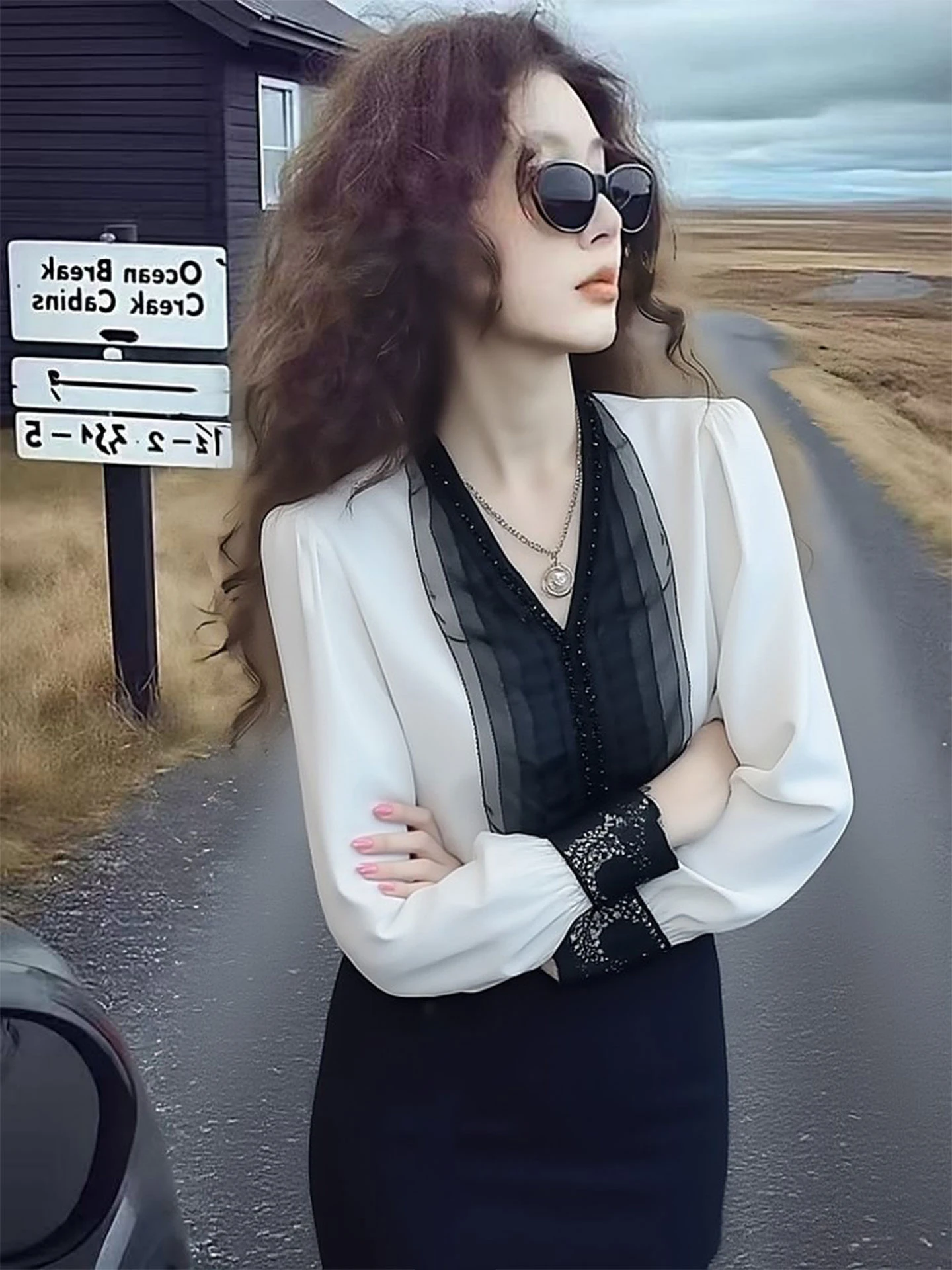 

Elegant Long Sleeve Commute Shirt V-Neck Slimming Personality Perfume Style Premium Feel Spring Fashion Women's Blouse
