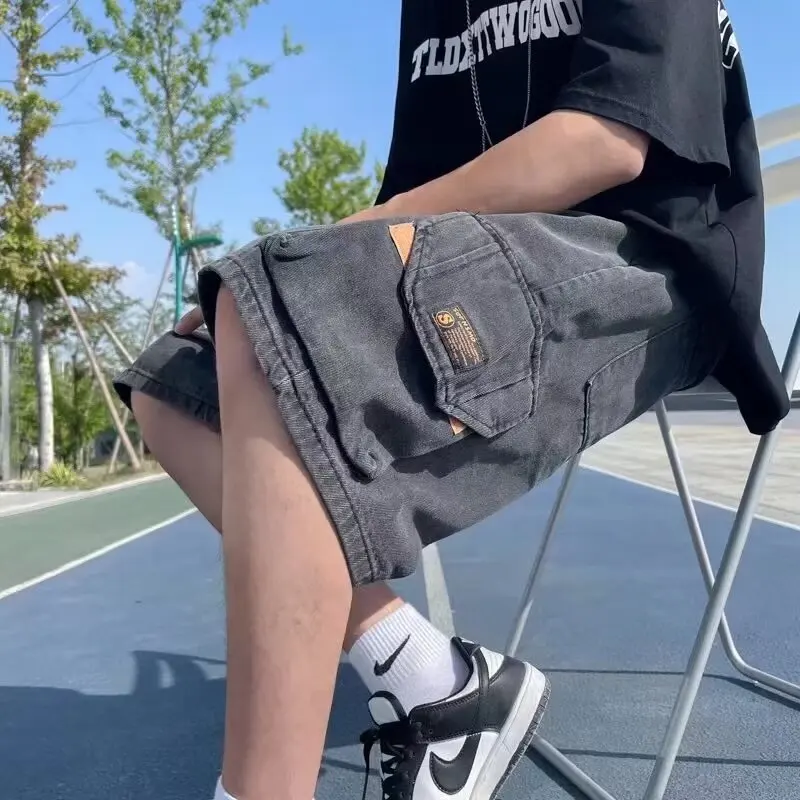 ผู้ชายฤดูร้อนกระเป๋าขนาดใหญ่ Workwear Drawstring กางเกงยีนส์กางเกงขาสั้นแฟชั่น Slim ธุรกิจหลวมห้าจุดกางเกงยีนส์กางเกงขาสั้น