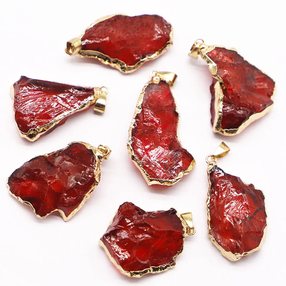 Natural Stone Gold Plated Bezel Crystal Glass Pendants Dyed Red Rough Irregular Necklaces Charms Jewelry Making Accessories 8Pcs