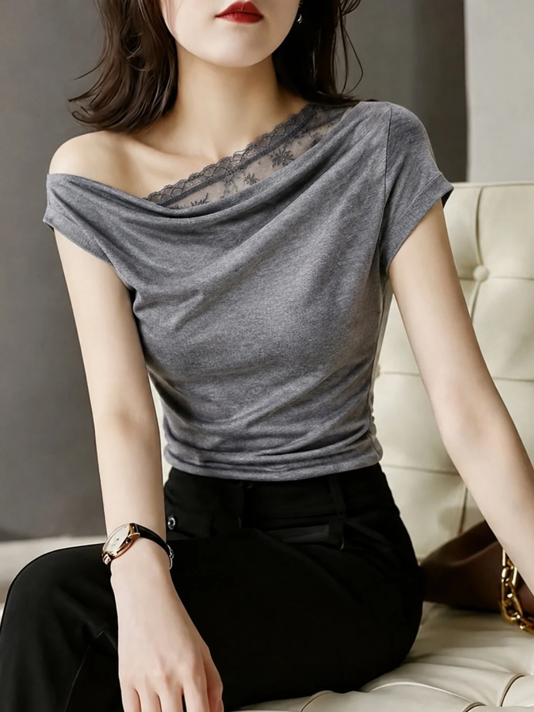 Elegant Lace Splice Slant Shoulder T-Shirt Women's Slim Fit Style Korean Version Commute Short Sleeve Pure Color Top