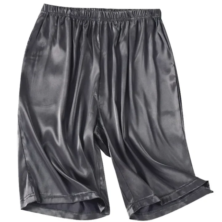 Pantaloncini da pigiama in raso di seta da casa da uomo, pantaloni da notte per indumenti da notte, indumenti da notte, tessuto di seta Emulation, grigio/nero/giallo chiaro