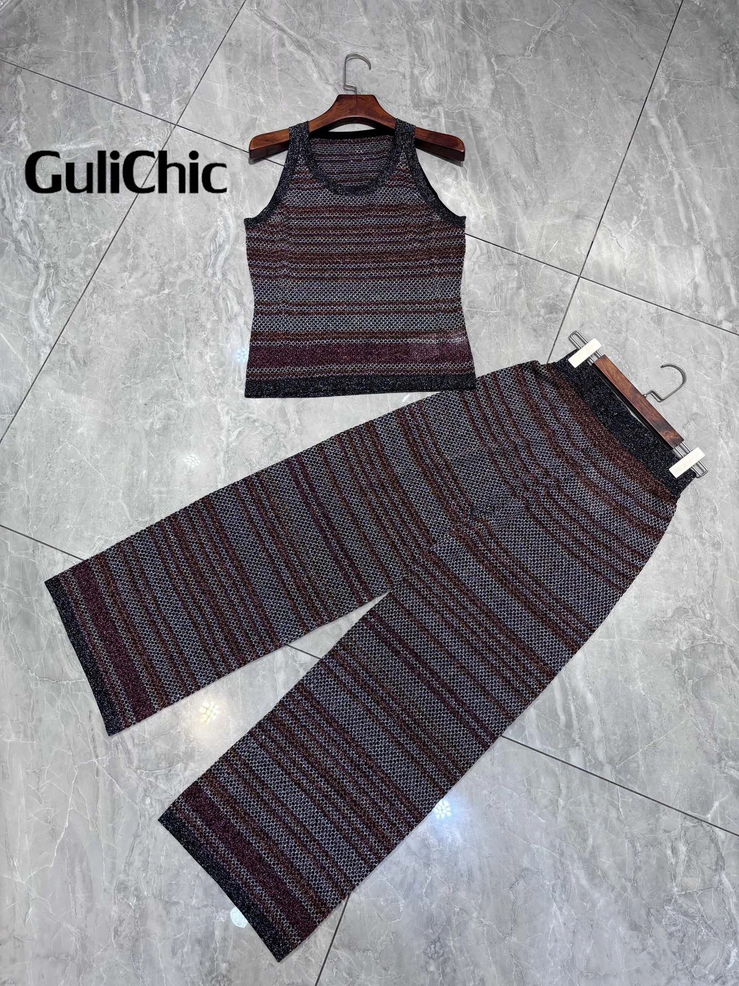 5.11 GuliChic High Quality Metallic Multicolor Knit Striped Slim Tank Top And High Waist Slim Pants 2 Piece Set For Women