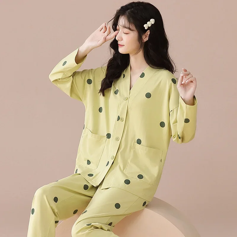 Ensemble de pyjama à manches longues pour femmes, cardigan à col en V, pantalon de dessin animé, vêtements de nuit pour la maison, nouveau, printemps et automne