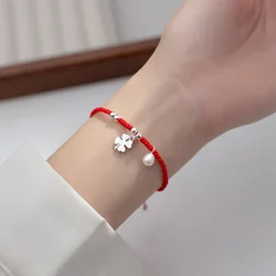 22cm Lucky 925 Silver Rope Bracelets Women Silver Retro Flower Red Thread Line String Bracelets For Women Girl Synthetic Pearl