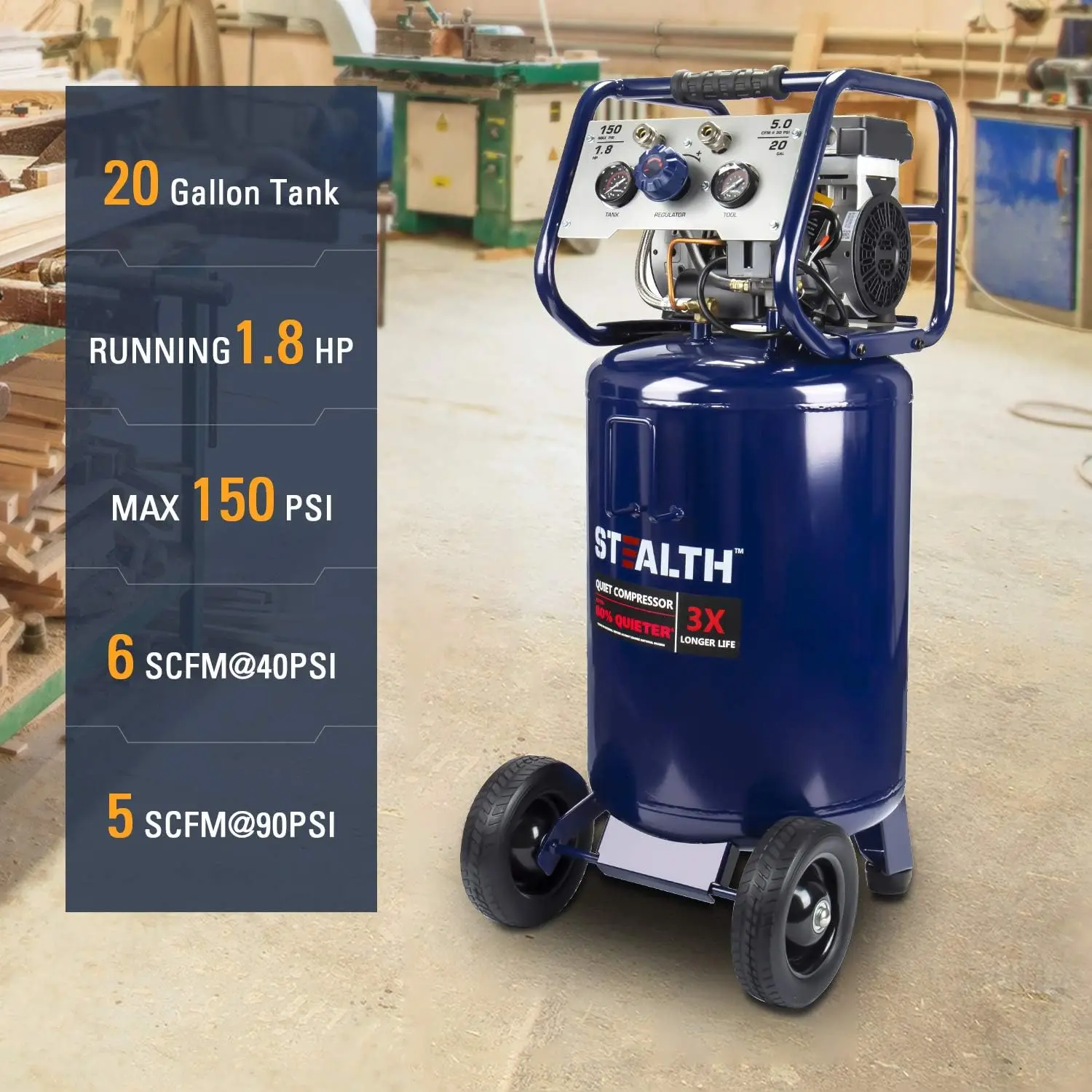 Air Compressor Ultra Quiet Oil-Free and Long Life Cycle1.8 Hp 20 Gallon Compressor with Large Rubber Wheels (Blue SAQ-12018)