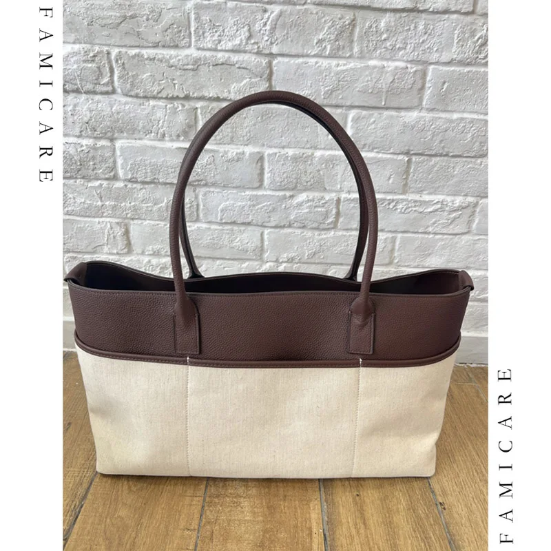 

Women Tote Bag Crafted with Linen-Cotton Blend and Genuine Leather Versatile Color Blocking Shoulder Bags New Style Handbags
